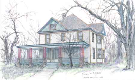 David Birskovich drawing (2023) of Crain farmhouse before the front porch fell apart and was removed.