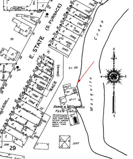 1924 street map showing the location of the Drake-McConnell Feed Mill. 