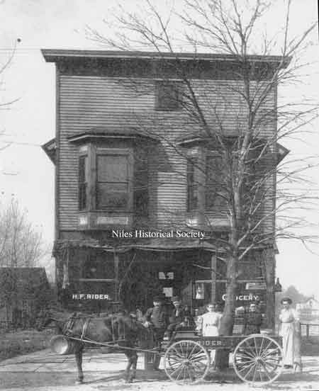The H.F. Rider grocery store was located near the corner of East Federal and the west side if Vienna Avene. The horse and buckboard were used to pick up and deliver goods to customers and restock the store.