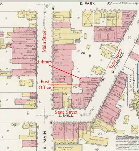 1909 Sandborn Fire insurance map showing location of libary on Furnace Street (State Street).