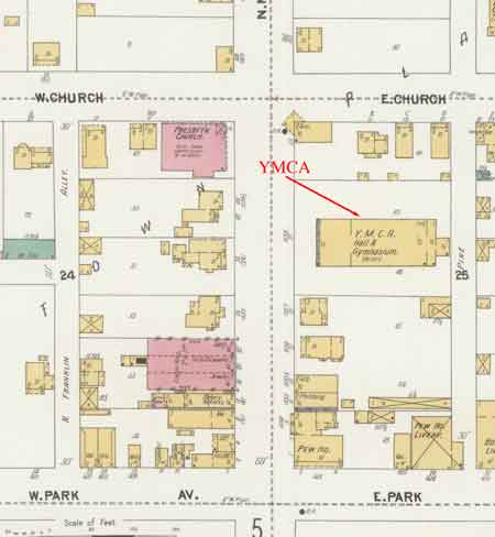 The skating rink that later became the YMCA is located opposite from the future McKinley Memorial (1917) on the 1902 Sandborn Fire Insurance map.