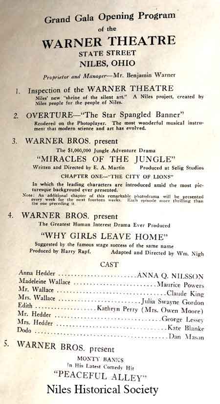 Original text from 1921 opening program of the Warner Theatre in Niles, Ohio.