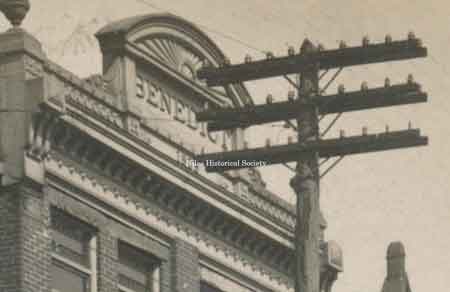 Close-up of the Benedict Building façade showing the date in which it was built.