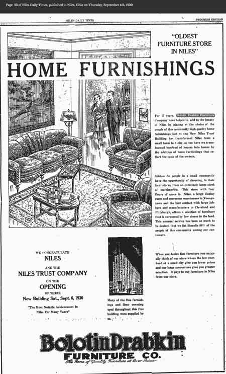 Bolotin-Drabkin Furniture Niles Daily Times advertisement in the September 4, 1930 Niles Daly Times.