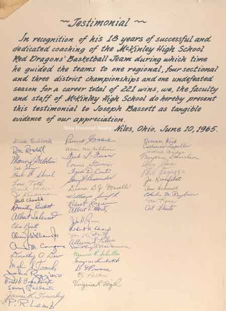 Testimonial letter to Joe Bassett recognizing his athletic accomplishments as basketball and football coach, signed by the 1965 Niles McKinley High School faculty.