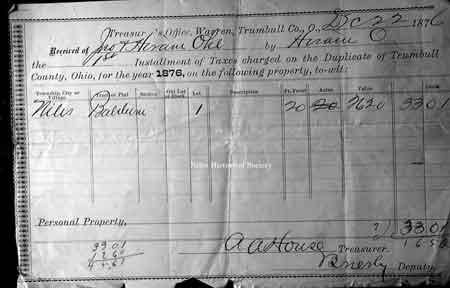 1876 tax receipt for the Hiram Ohl residence at 437 Robbins Avenue.