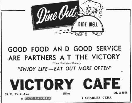 1954 advertisement for Dick LaPolla's Victory Cafe at 39 East Park Avenue.