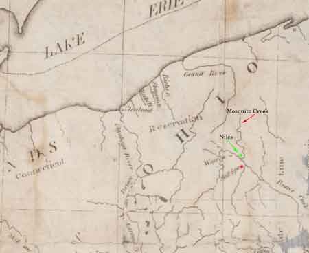 Early map of the Connecticut Western Reserve area marked with the location of the salt springs, Mosquito Creek and future site of Niles.