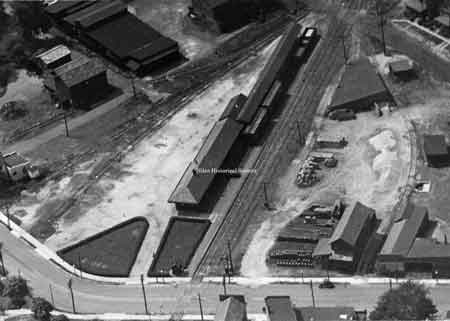 Photograph of the Baltimore & Ohio freight station and tracks before the overpass project was started in 1953.