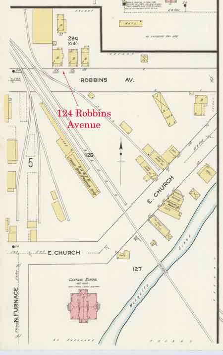 Illustration of the Baltimore & Ohio rail yard and mainline tracks between Church Street and Robbins Avenue.