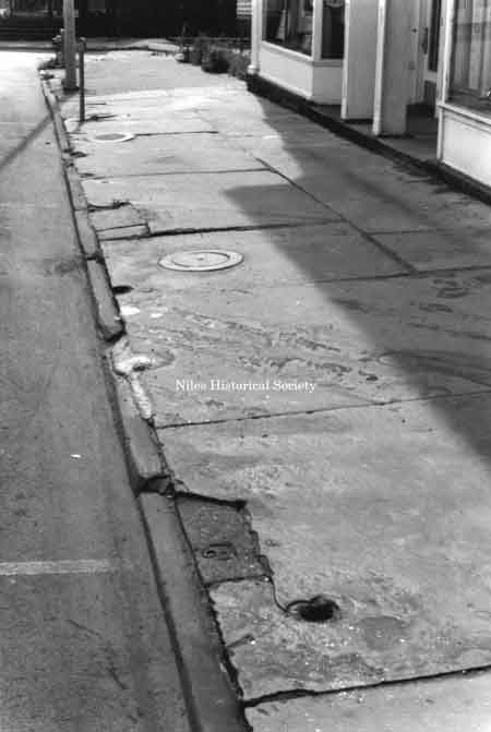 Photo of slate sidewalks in front of older buildings in downtown Niles.