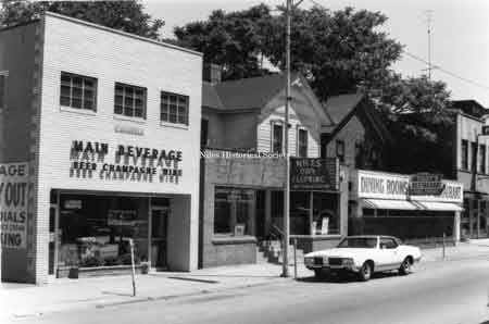 Photo taken of Main Beverage located at 31 North Main Street, Niles Dry Cleaners, Rudy's Restaurant, Pugh Hardware in downtown Niles before urban renewal.
