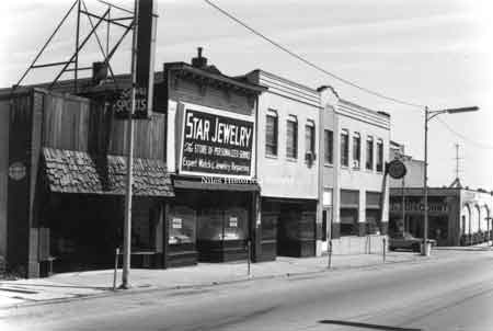 Photo taken of Star Jewelry and Seiber's Sporting Goods located on the east side of Main Street in downtown Niles before urban renewal.