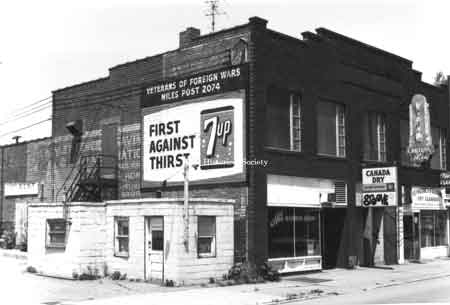 Photo taken of the old bowling alley, 162 East State Street, down town Niles. The Veteran's of Foreign Wars are located upstairs. Note also Benedict Dry Cleaners next door.