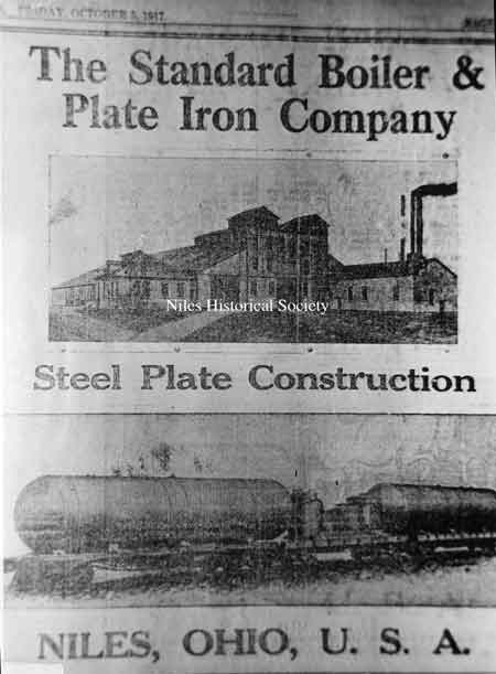 An advertisement from the Niles Daily News dated Oct. 5, 1917 for the Standard Boiler & Plate Iron Co. located in Niles, Ohio