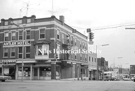 The Antler Hotel, formerly known as the Allison Hotel, formerly on the site of the Sanford House. Located on the northeast corner of Main and Park Sts. in downtown Niles before urban renewal. Dated September, 1975
