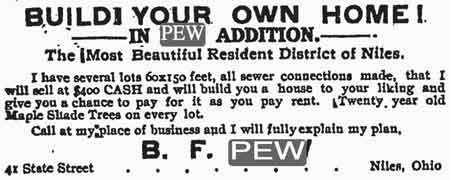 August 15, 1916 advertisement for lots in the Pew Addition.
