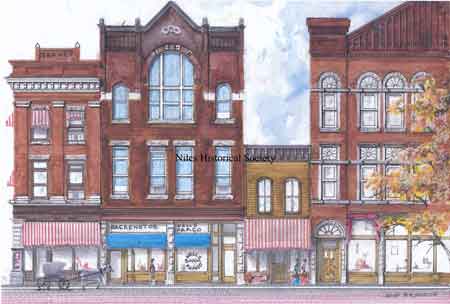 David’s drawing of North Main Street looking toward the intersection of Park Avenue and west side of South Main.