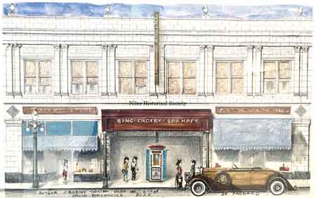 Dave Birskovich drawing of the Butler/Robins theatre on South Main Street with a 1934 Packard .