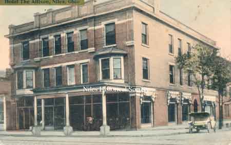 The Allison Hotel was built at the northeast corner of North Main Street and Park Avenue. It was renamed the Heaton Hotel after the founder of Niles (1806) and finally called the Antler Hotel. It was demolshed in 1976 during urban renewal.