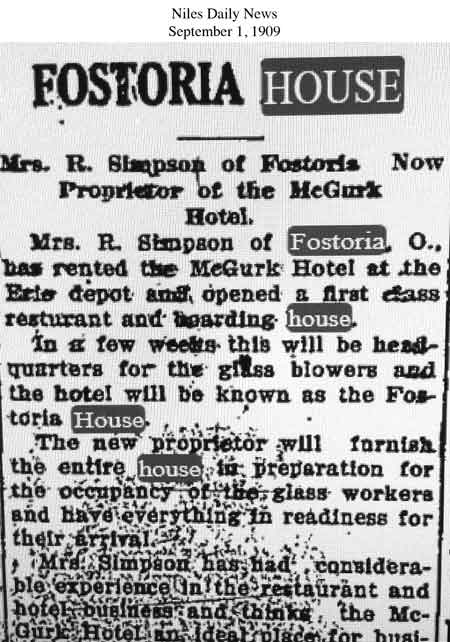 Niles Daily News clipping from September 1, 1909 that mentions the Fostoria House.