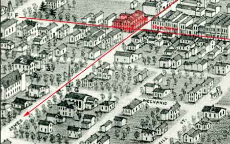 Comparing the Panoramic View of Niles map above to the postcard on the left, it appears that the previous entrance on James Street, now Park Avenue, was changed to face North Main Street with areas for shops on the ground level.