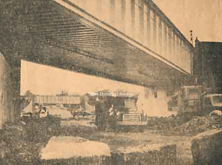 The newly erected railroad overpasses on Robbins Avenue. The Erie (closest) and the B&O (in the background).