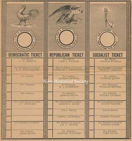 1909 city voting ballot for the Democrat, Republican and Socialist candidates and their respective offices.