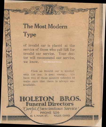 Advertisement for Holeton Brothers Funeral Home located at 16 Main Street.
