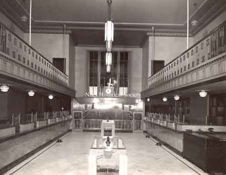 Photograph of the main lobby in the Niles Trust Company on opening day.