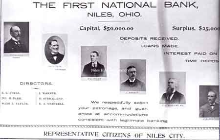 Photograph of an early advertisement of the officers of one of the first banks in Niles. The First National Bank was the forerunner of the Niles Trust Co.