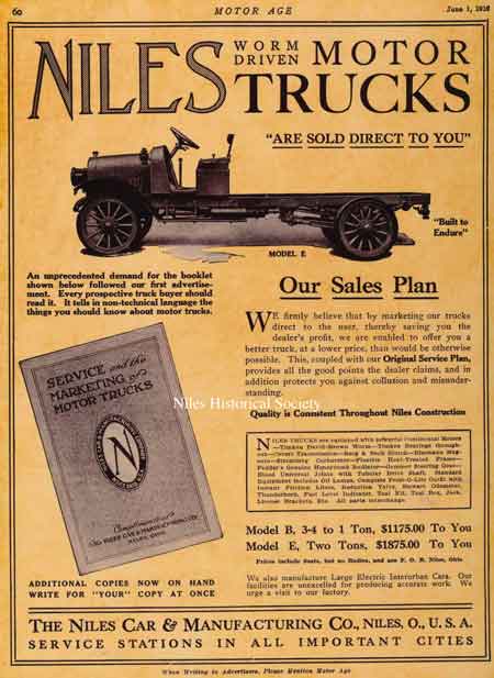 Advertisement that appeared in the June 1916 Motor Age magazine describing the advantages and types of motor trucks built by the Niles Car & Manufacturing Company.