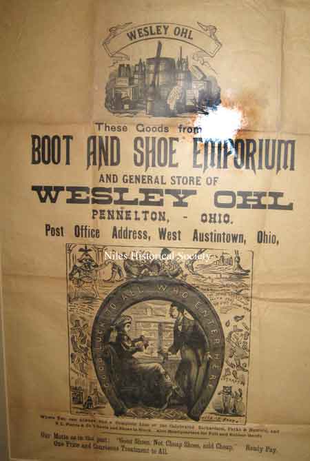 An advertisement for Wesley Ohl's Boot and Shoe Emporium located in Pennelton, Ohio, which is now called West Austintown.