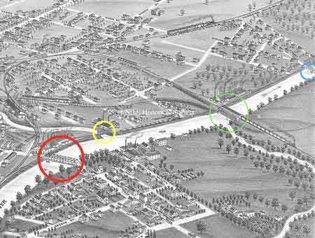 Marked by the red circle is the Iron Bridge that spans the Mahoning River. This bridge connected the north and south sides of Niles.