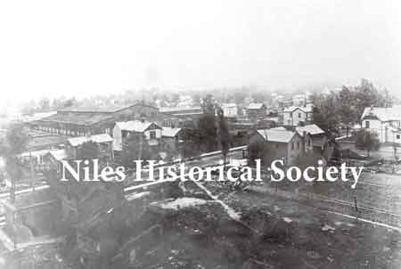 Photo of one building of the Niles Car & Manufacturing Co. taken from atop the water tower in the early 1900's.