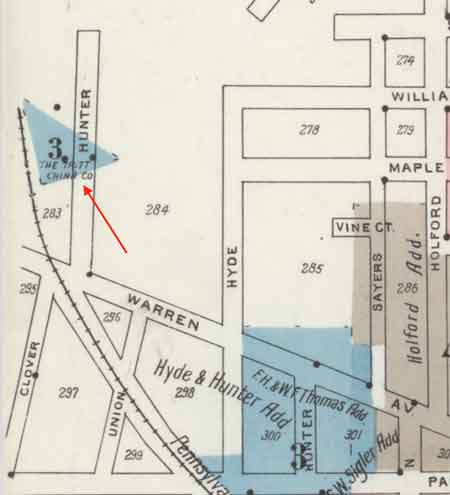 Map shows the location of Tritt China (also Bradshaw China and Atlas China Companies) on 1918 map.