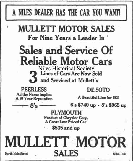 1931 advertisement for Mullett Motors.