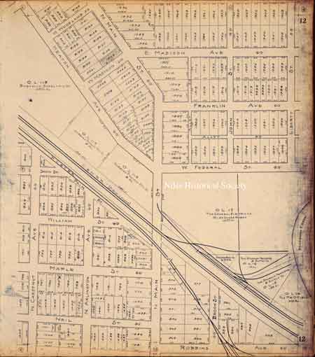 This map shows the route of the C & M Railroad (Erie leased) in the area bounded by North Main Street and East Federal and Heaton Avenue (West FederalStreet) featuring the General Electric Glass Works Company and the Bostwick Steel Lath Company.