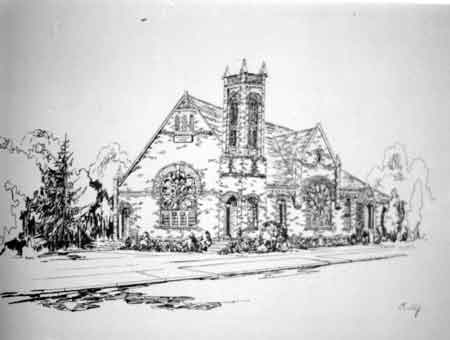 Line drawing of the early First Chrisitan Church of Niles, Ohio situated on the corner of Arlington and Church Streets. It was torn down to make way for the new sanctuary in 1965.