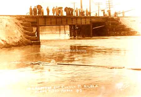 Erie railroad bridge at Church Street in Niles during the Flood of 1913 in March.