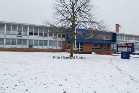 Panorama view of front of high school. 