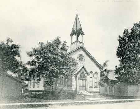 Photo of the original frame building of the Methodist Church located on Arlington Street in Niles, it was built in 1871 and destroyed by fire in 1883.