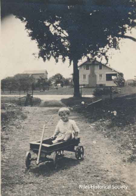 Unidentified child, possibly Phyllis Blott Bako, sitting in her wagon in driveway looking across Niles-Vienna Rd. toward the Blott family home and barn in background.