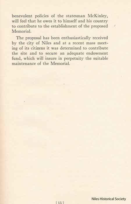 Page of the proposal to build a monument and memorial to William McKinley at Niles, Ohio, the place of his birth. 