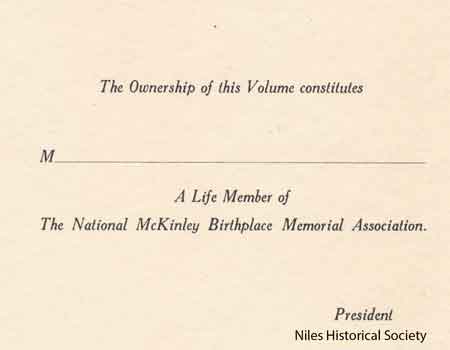 Page of the proposal to build a monument and memorial to William McKinley at Niles, Ohio, the place of his birth.