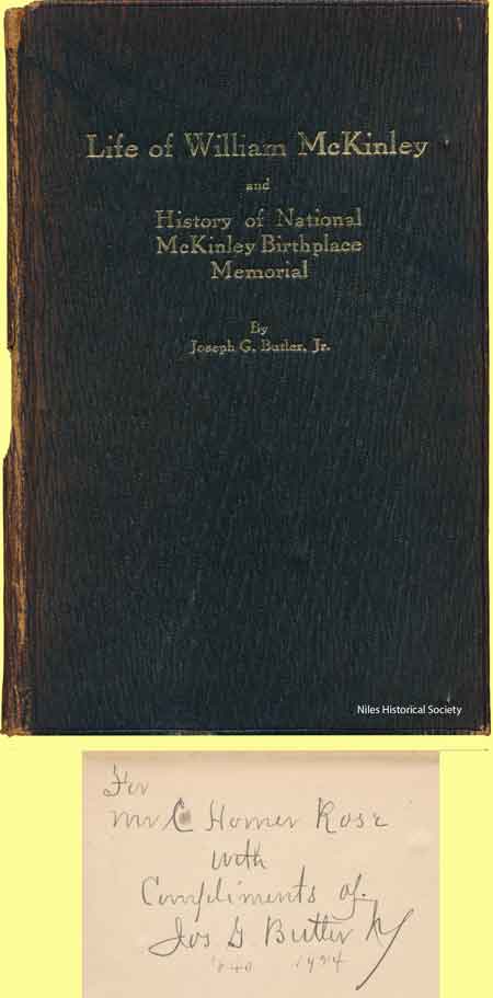 Photograph of Butler's book for Mr. Homer Rose of Niles, signed by Jos. G. Butler.