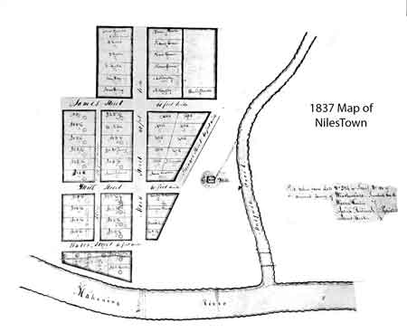 In the village plat of 1837, there were fifty-four lots recorded, twenty-nine of which were owned by James Heaton and his son, Warren, and twelve more were jointly held by Heaton and Robbins. The remaining lots were recorded in the names of Thomas Evans, A. Kingsley, John Dray, James Dempsey, J. Frederick, Ambrose Mason, David Bowell, Jacob Robeson, M. Rider, and one lot, that is now the McKinley Research Center, by William McKinley, Sr.