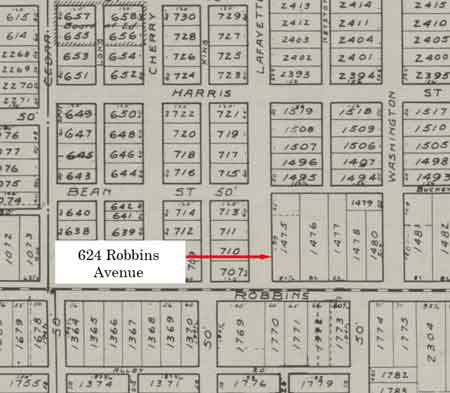 1918 map showing the location of the Cowdery house at 624 Robbins Avenue.