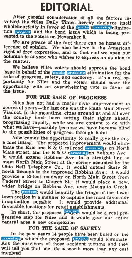 Niles Times Editorial promoting the passage of a bond issue to fund the Grade Project.