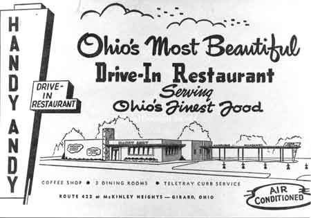 Advertisement for Handy Andy restaurant, located at US 422 and State Rt. 169 in McKinley Heights that shows the newly built restaurant as it appeared in 1953.